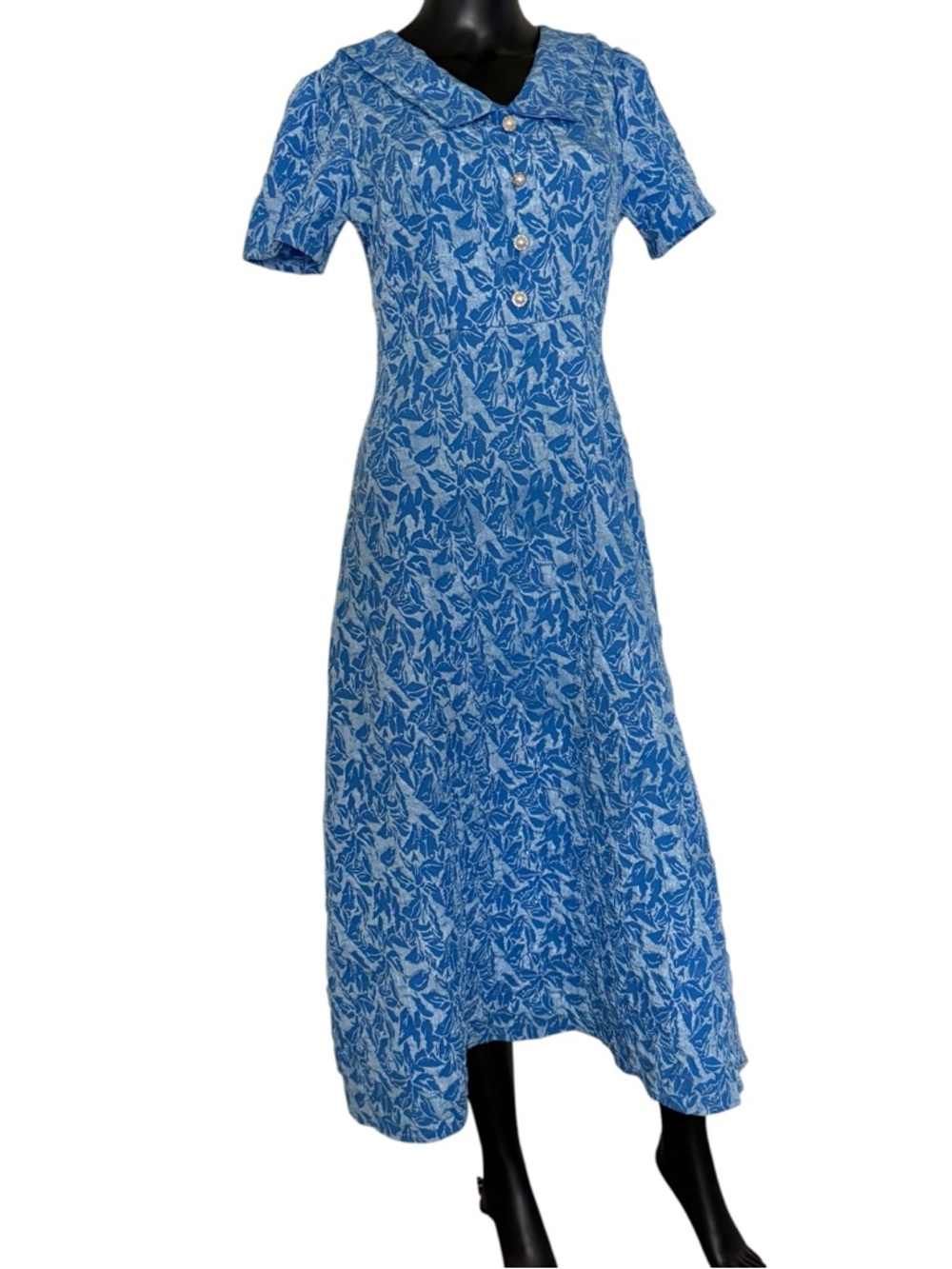 SHEIN Blue Leaf-Print Short Sleeve Maxi Dress